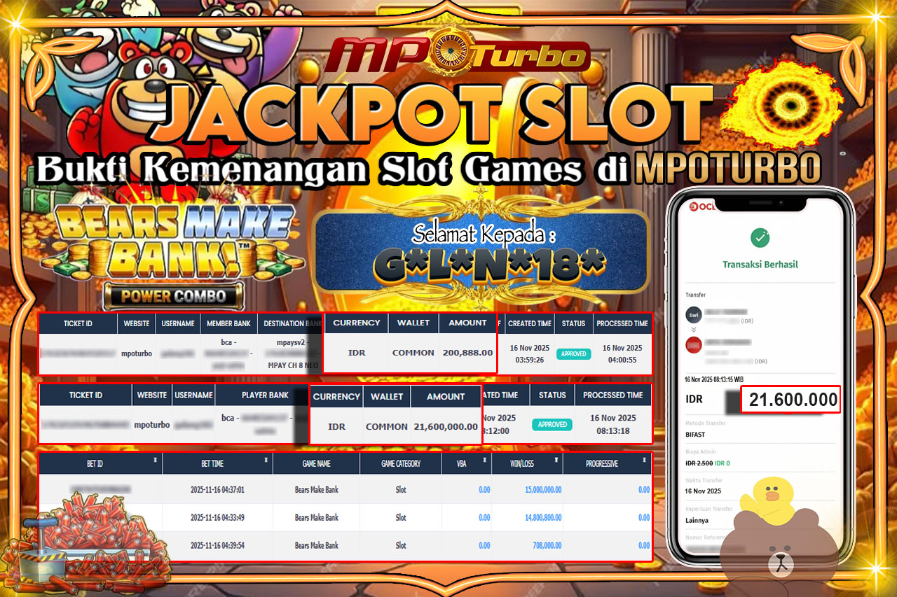 MPOTURBO JACKPOT BEARS MAKE BANK - MICROGAMING Rp 21,600,000.00,- LUNAS